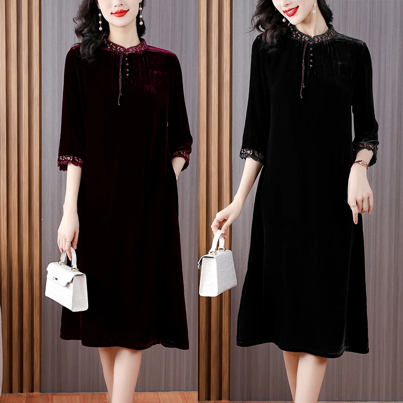 妈妈黑色丝绒连衣裙秋冬低调奢华气质优雅老钱风高级感显瘦宽松裙