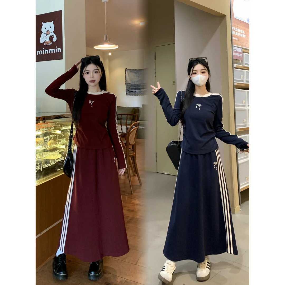 2024新款大码女装胖MM秋新蝴蝶结刺绣收腰上衣配半身裙套装显瘦款