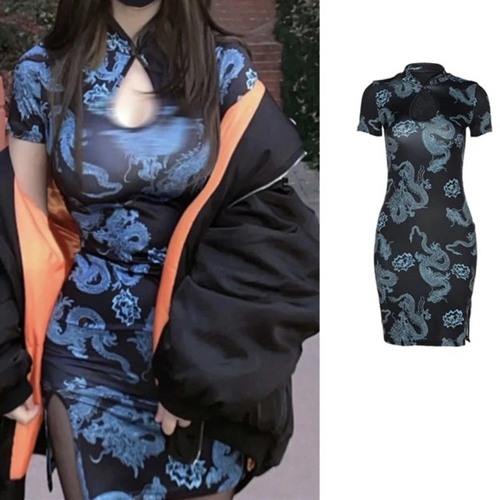 改良旗袍开叉性感连衣裙女夏季新款纯欲风镂空设计感修身辣妹裙子