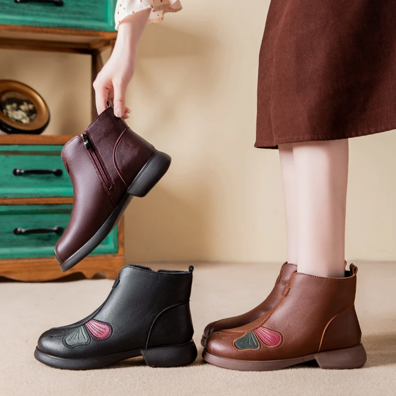 真皮妈妈鞋软底短靴棉鞋加绒女鞋子靴子中年中老年皮鞋舒适秋冬款