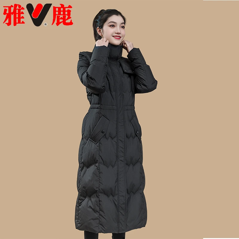 雅鹿品牌羽绒服时尚连帽中长款加厚保暖过膝修身大码冬季显瘦外套