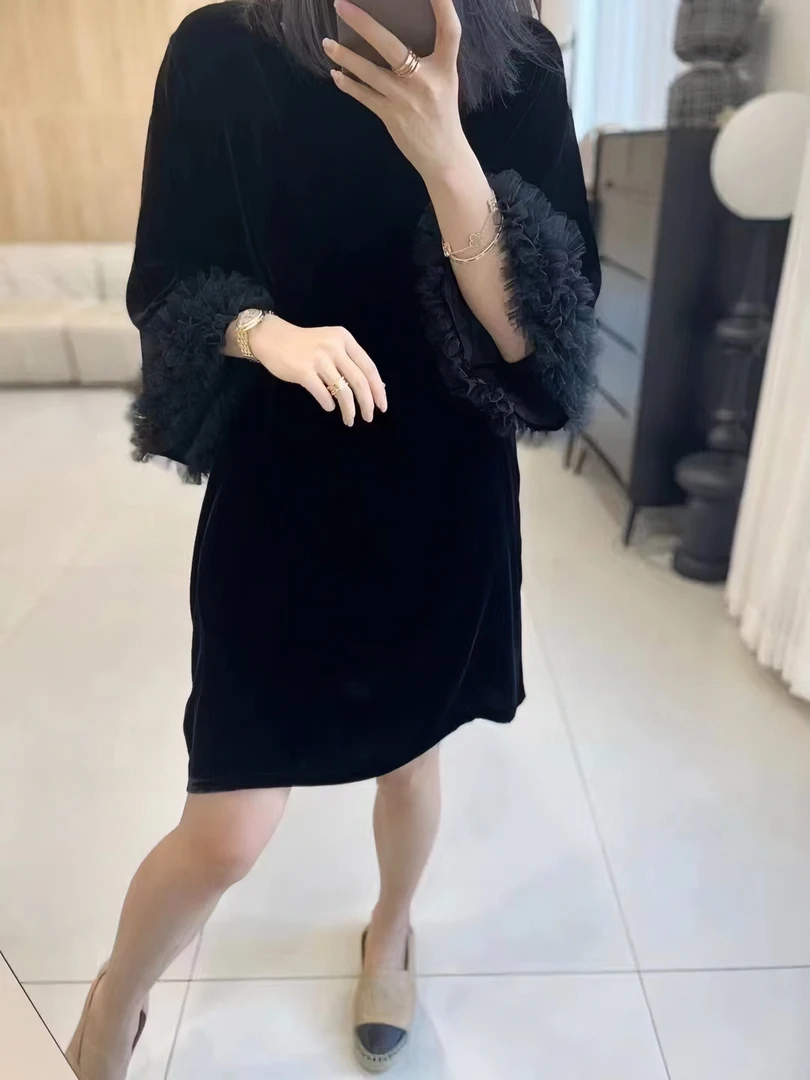 气质百搭显瘦木耳 蝙蝠袖桑蚕丝丝绒女装连衣裙