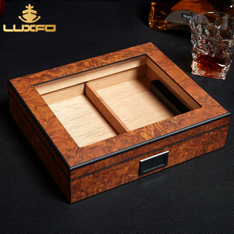 LUXFO雪茄盒便携高透天窗雪松木雪茄保湿盒复古木纹烟盒配电子表
