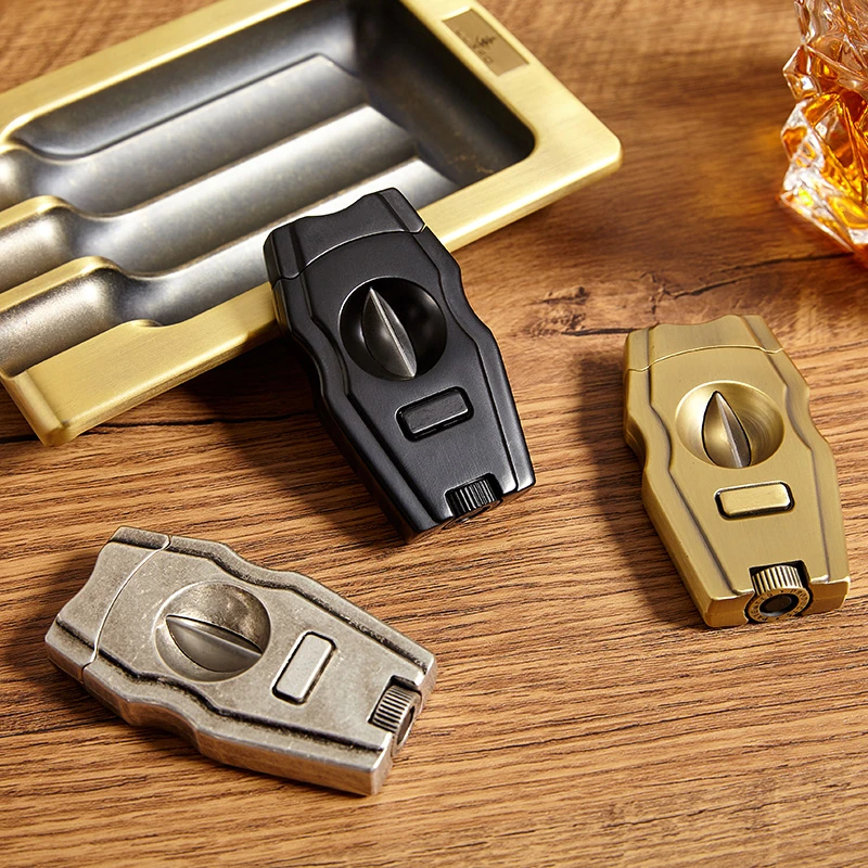 LUXFO三合一多功能V型雪茄剪便携锋利专用切烟刀带烟托打孔器功能