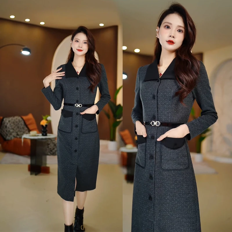 琴妲QD8058法式西装气质休闲连衣裙女秋冬高级感遮肉显瘦收腰裙子