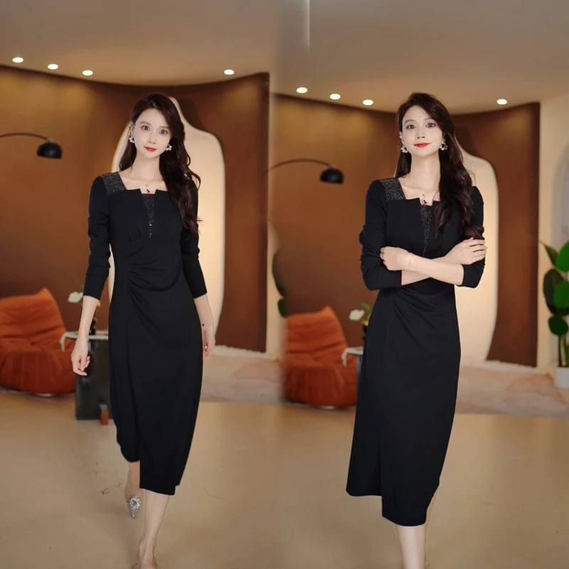 琴妲QD8001新款欧洲站洋气方领纯色气质长袖修身显瘦连衣裙纯色裙