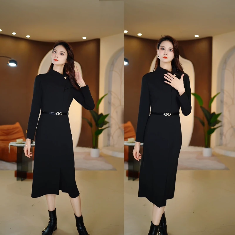 琴妲QD8055新款韩版女神范修身纯色收腰气质中长款设计感连衣裙女
