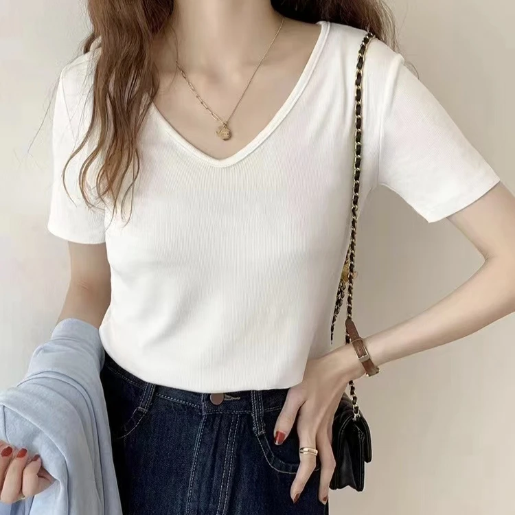 力推 夏装V领弹力棉tee