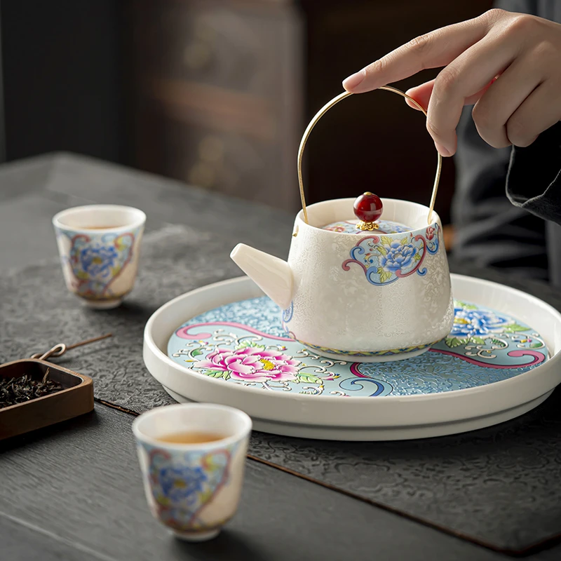 【蓝色牡丹】仿景德镇珐琅彩掐丝牡丹提梁壶一壶4杯茶具简约套装