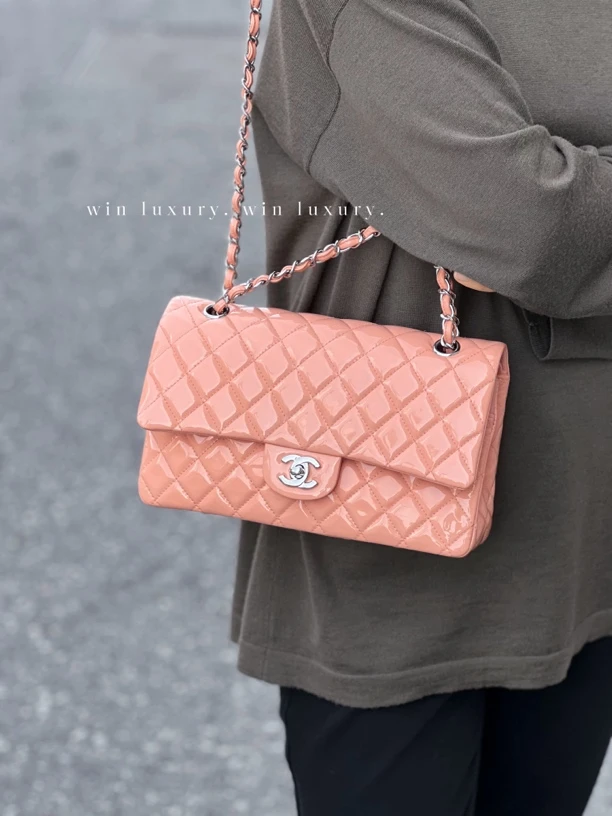95新 Chanel/香奈儿 香奈儿cf中号漆皮橘粉色单肩斜挎包 17开带卡
