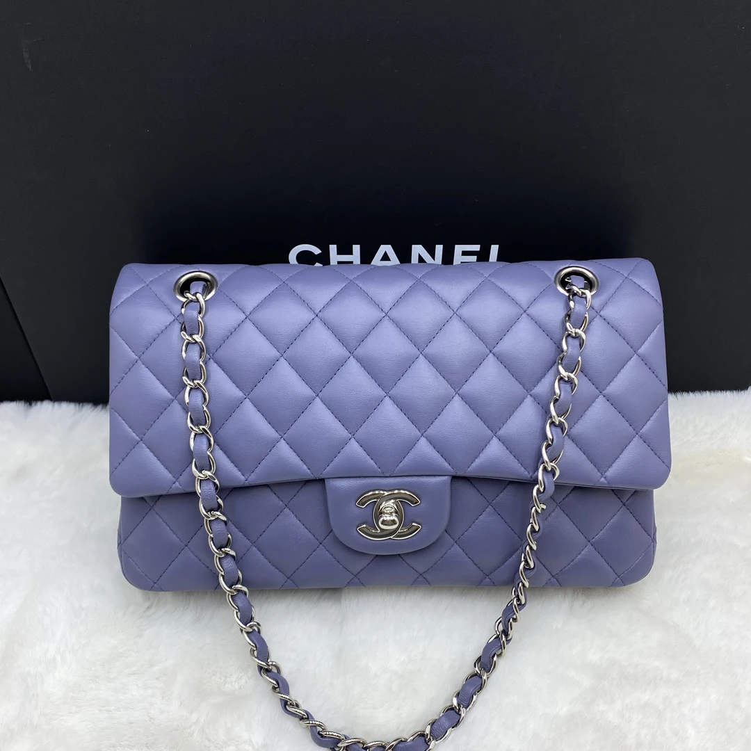 95新 Chanel/香奈儿 香奈儿淡紫银扣cf中号单肩斜挎包 15开