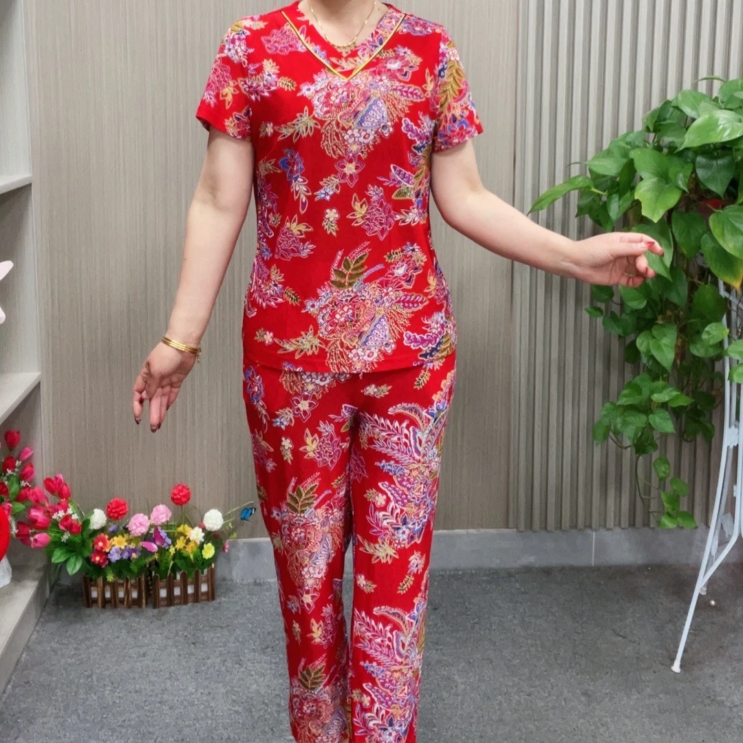 夏装新款v领短袖上衣裤子两件套时尚民族风中老年洋气显瘦套装