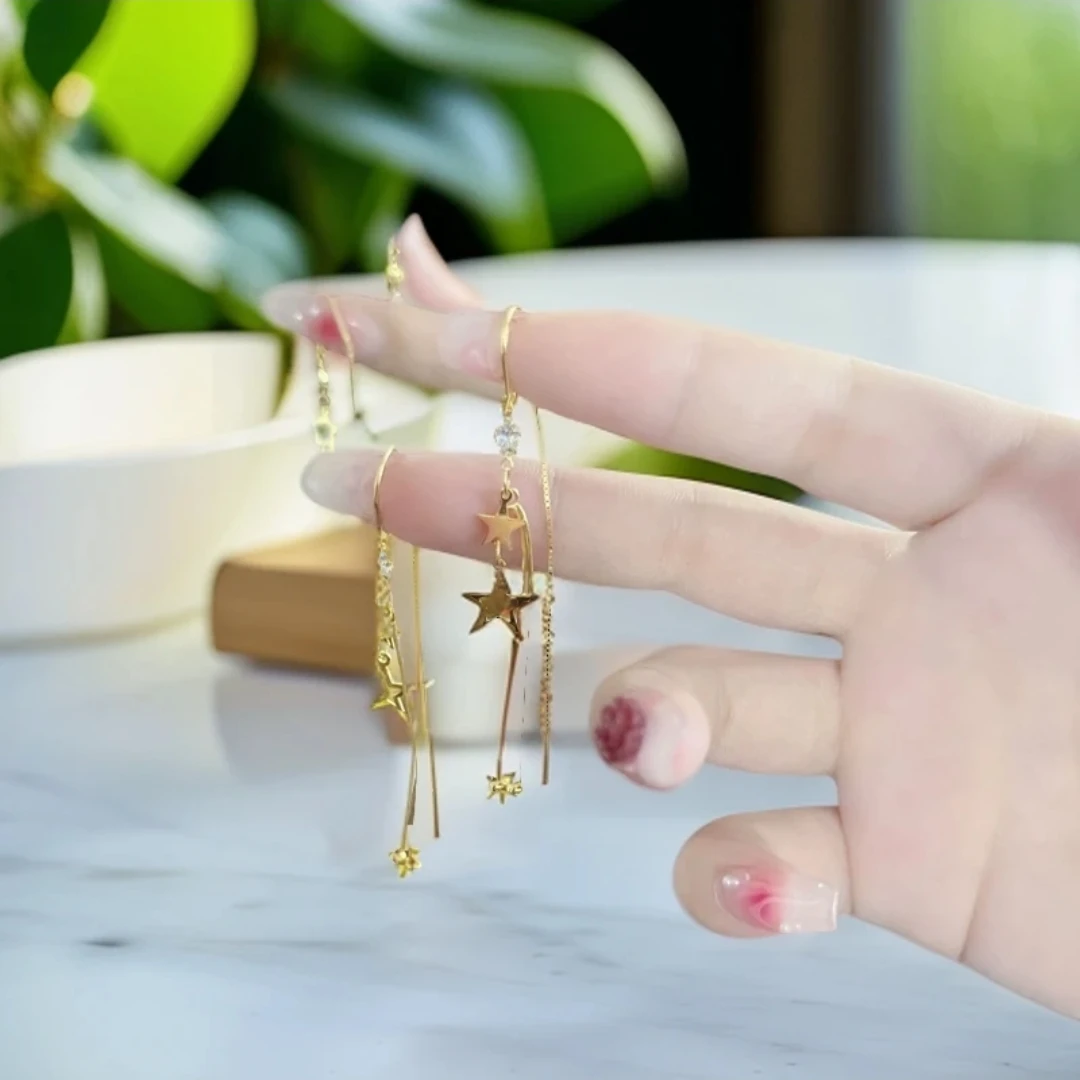 足银耳饰 金抱银星星流苏耳钉新款轻奢时尚超仙精致气质百搭优雅