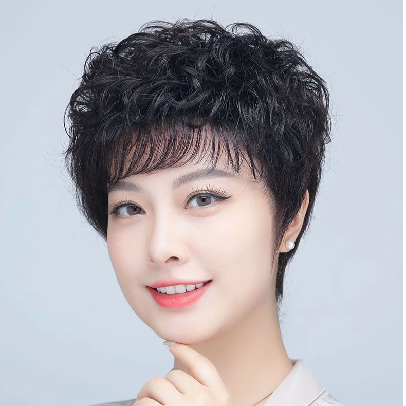 假发短发女送妈妈短卷发中老年蓬松自然仿真人发丝全头套