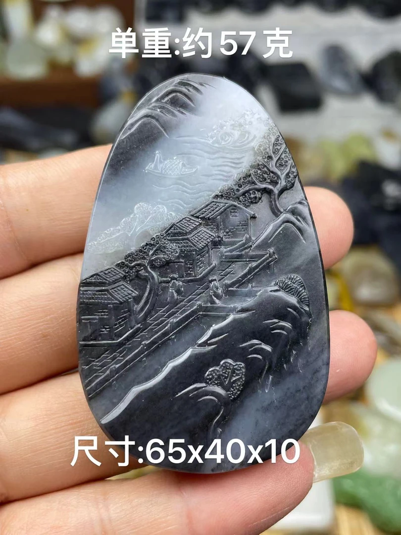 和田玉籽料青花手工山水牌