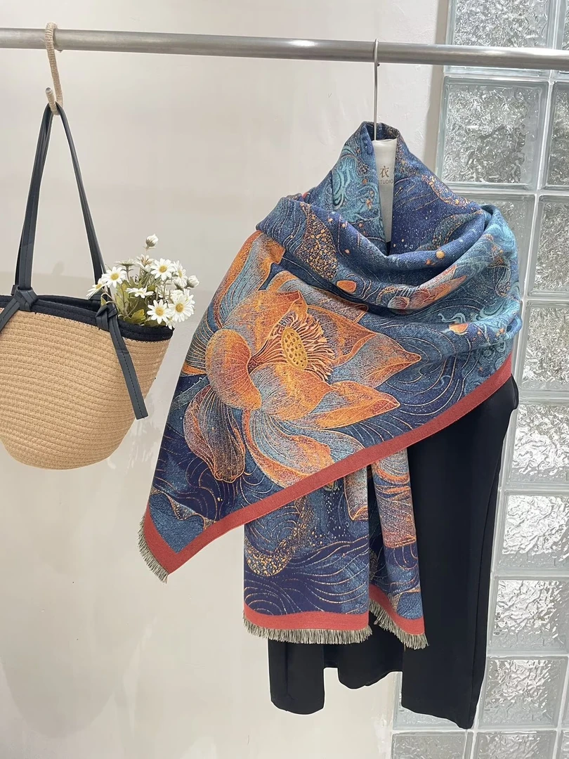 国色牡丹重磅油画400g披肩长款韩版围巾秋冬新款