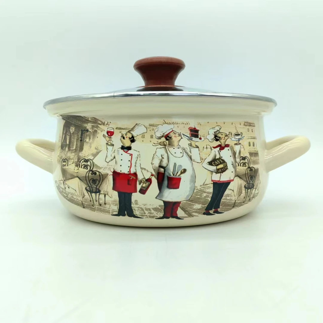 俄罗斯原装进口怀旧复古搪瓷锅玻璃盖汤锅炖锅储物锅搪瓷盆带盖