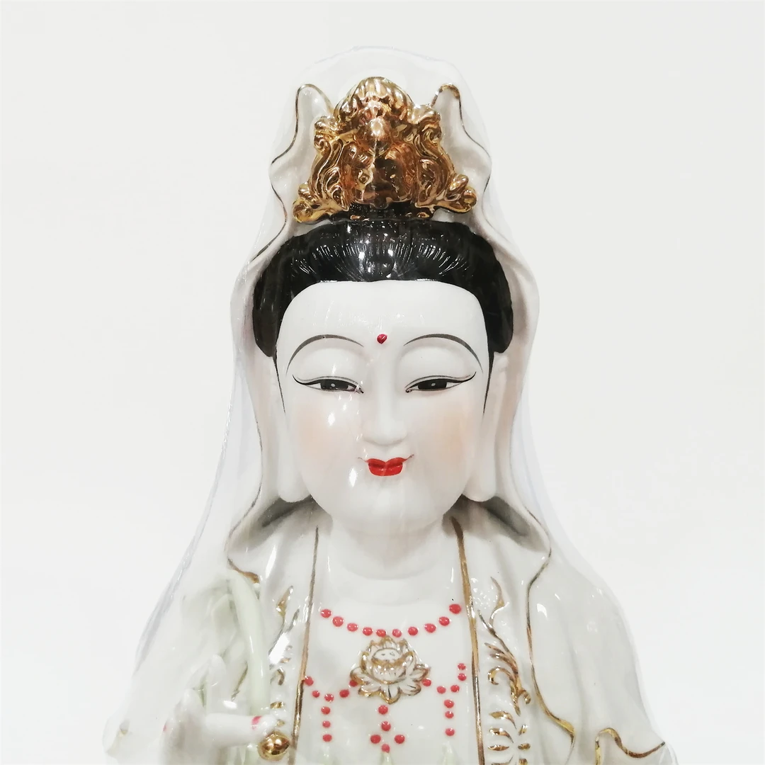 16寸玉骨陶瓷红莲合家平安金玉彩观世音菩萨40cm厘米24K金烫描金