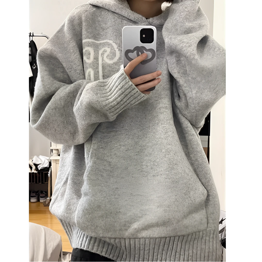 连帽灰色毛衣针织衫秋冬上衣新款洋气复古宽松慵懒风小众冬季外套