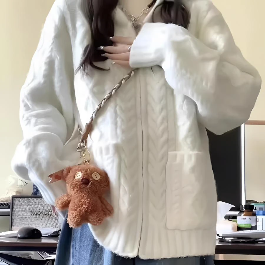 高级感慵懒白色拉链麻花针织衫毛衣女2024新款秋冬宽松开衫女外套