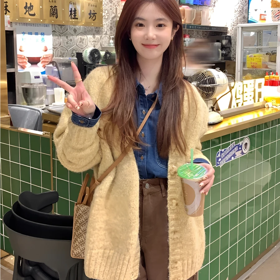 黄色浣熊绒毛衣开衫女秋冬季宽松慵懒风温柔软糯奶呼呼针织衫外套