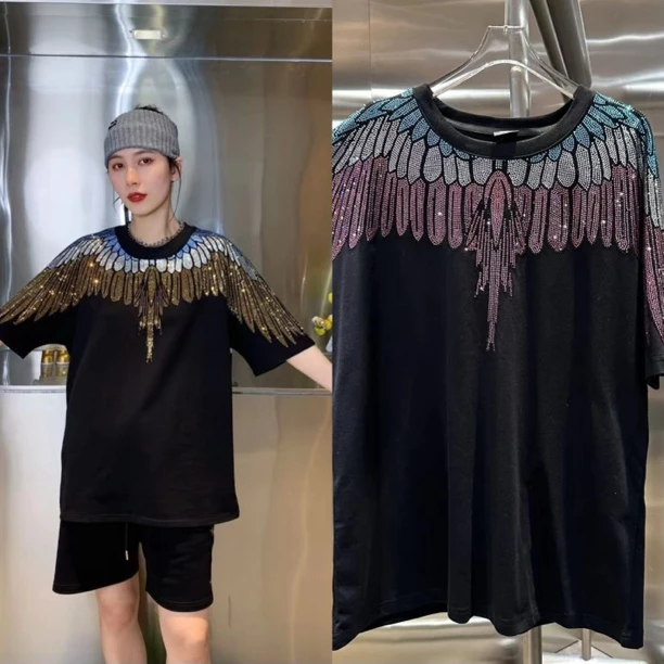 轻奢烫钻男女同款短袖翅膀宽松休闲百搭重工夏季半袖时尚潮流