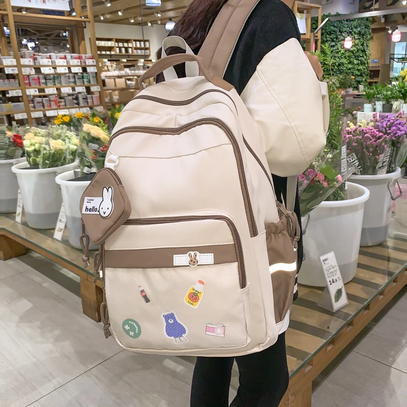 日系ins小清新撞色书包女初中生小学生双肩包2024新款大学生背包
