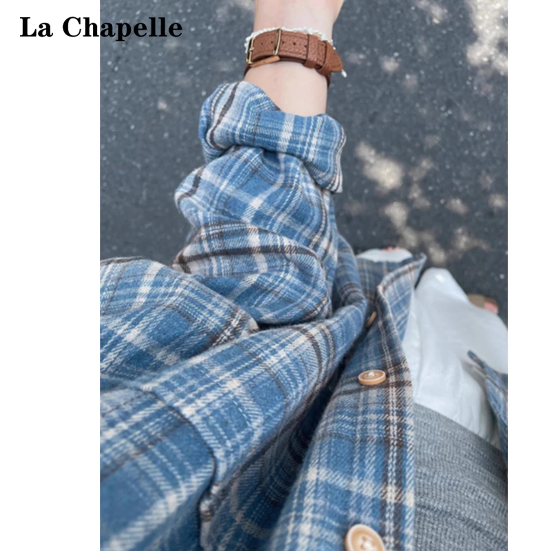 拉夏贝尔法式蓝色格子长袖衬衫外套女2024春秋季设计感休闲衬衣潮