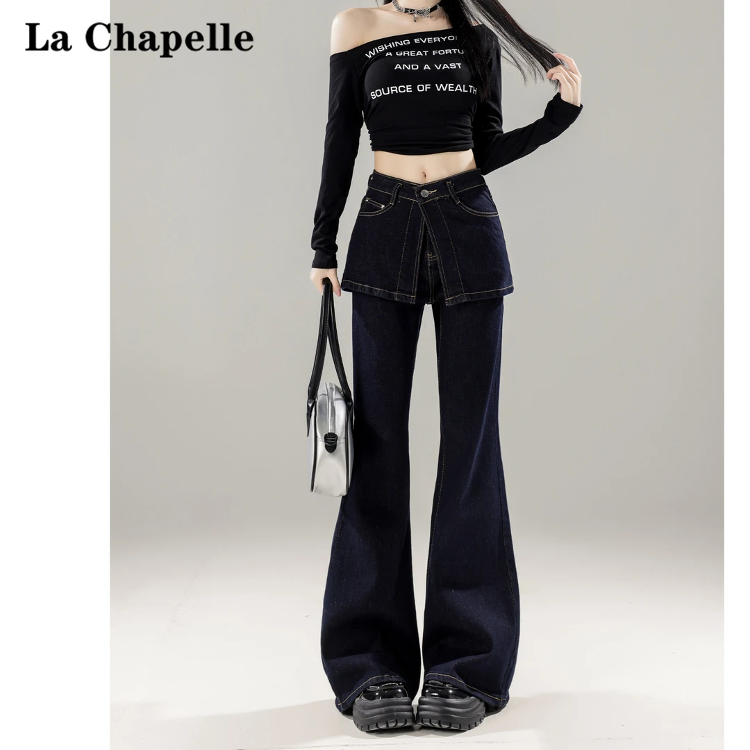 拉夏贝尔复古个性假两件牛仔裤女2024秋季高腰宽松不贴腿大喇叭裤