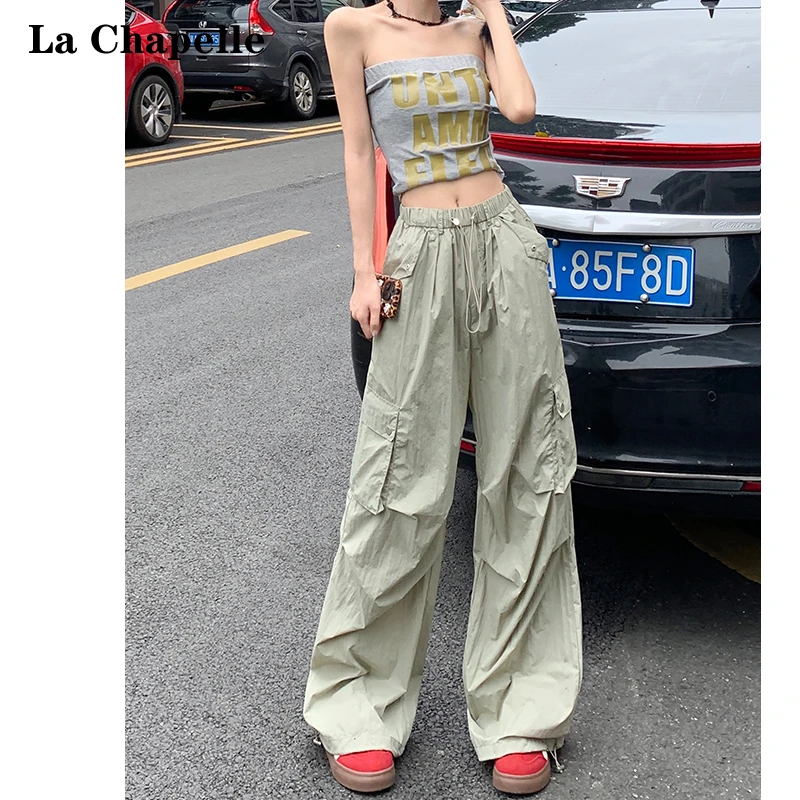 La Chapelle/拉夏贝尔工装裤女2024年夏季新款宽松褶皱休闲阔腿裤