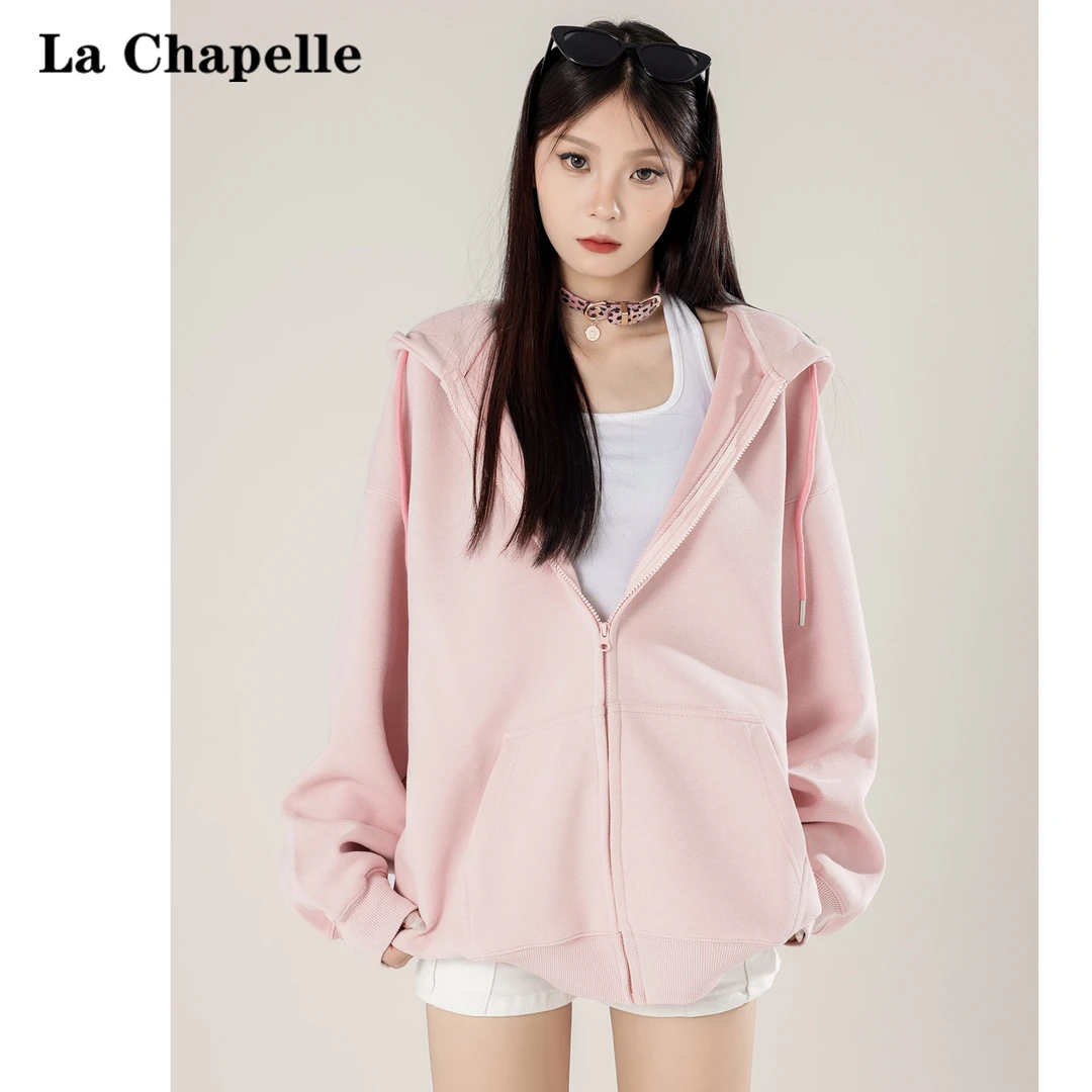 拉夏贝尔粉色连帽卫衣女2024早秋宽松休闲外套美式叠穿情侣帽衫