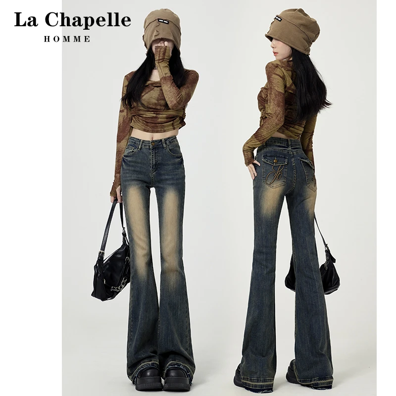 拉夏贝尔复古微喇牛仔裤女2025春秋新款高腰显瘦喇叭马蹄裤子