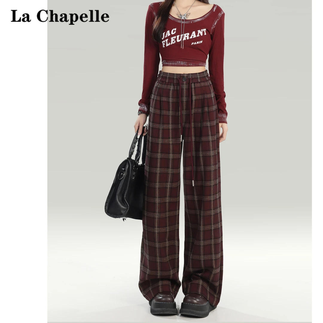 拉夏贝尔安可拉红阔腿格子裤女2024春秋季复古高腰慵懒休闲拖地裤