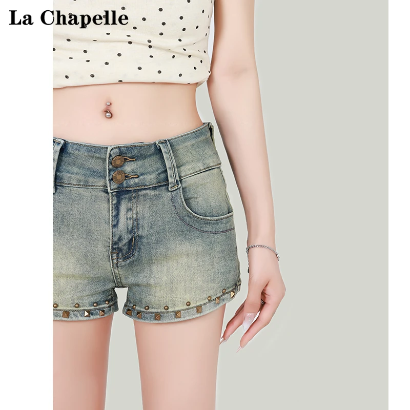 拉夏贝尔复古重工柳钉牛仔短裤女2024年夏季辣妹修身直筒外穿热裤