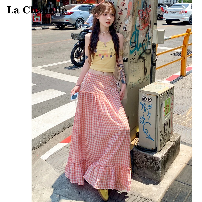 La Chapelle/拉夏贝尔欧尼粉色格纹拼接设计春季宽松显瘦半身长裙