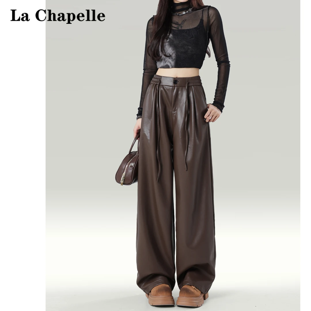 LA CHAPELLE/拉夏贝尔复古美拉德咖色皮裤女2024春秋宽松阔腿裤子