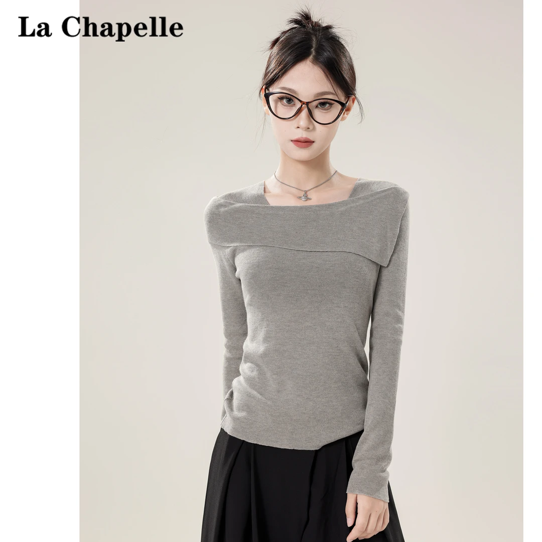 拉夏贝尔法式气质一字肩针织衫女2025春秋季纯欲修身显瘦内搭上衣