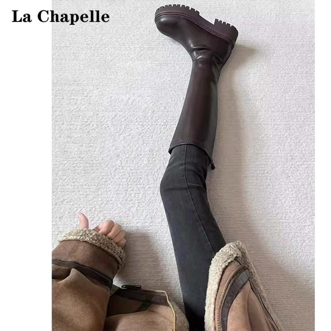 拉夏贝尔黑灰色高腰小脚牛仔裤女秋冬2024新款加绒紧身弹力铅笔裤