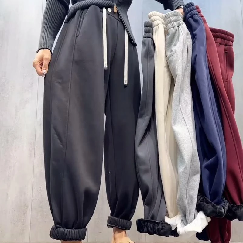 欧货加绒卫裤女2024秋冬新款高腰哈伦裤抽绳百搭宽松大码灯笼裤子