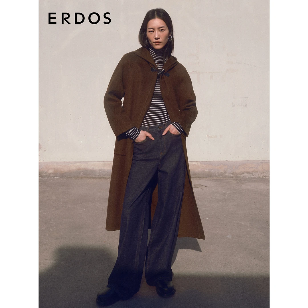 ERDOS 刘雯同款学院风连帽羊绒双面毛呢大衣中长款外套