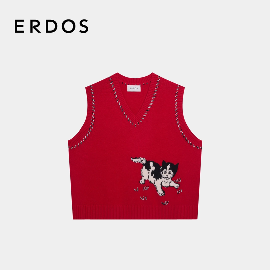 ERDOS 纯羊绒猫咪提花针织背心V领新年红厚款叠穿