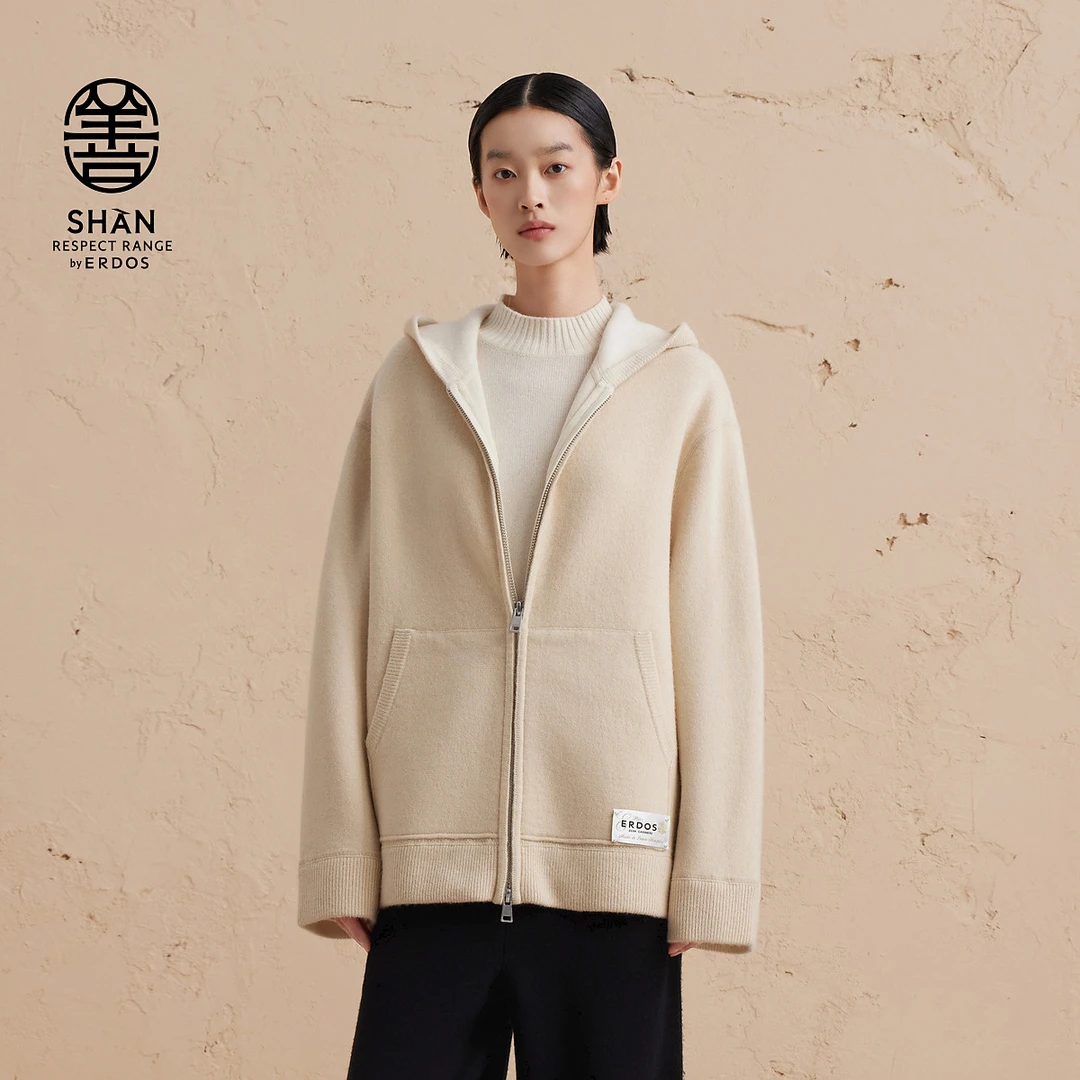ERDOS 善系列20秋款冬新品羊绒牦牛绒带帽装饰双提女开衫