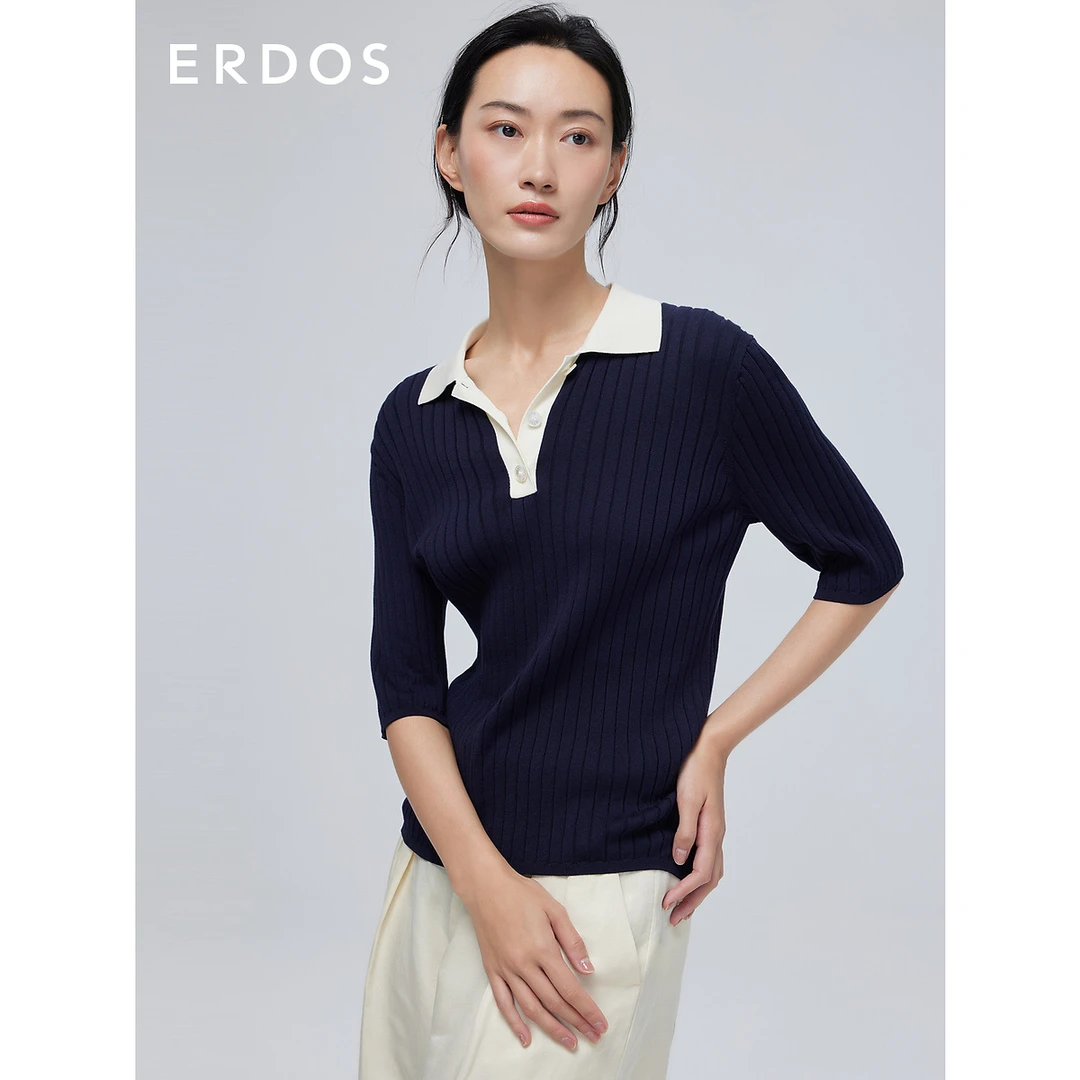 ERDOS 纯棉休闲POLO领短袖女轻薄优雅气质舒适抽条休闲针织衫
