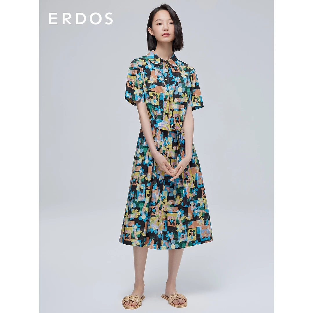 ERDOS气质A字裙法式女装连衣裙纯棉印花衬衫裙领休闲度假碎花长裙