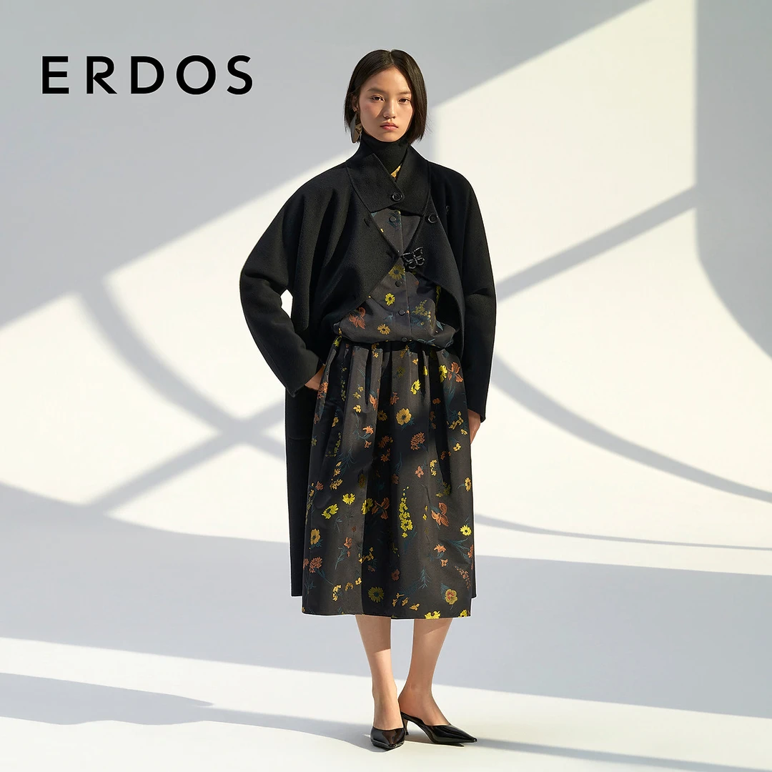 【纯羊绒大衣】ERDOS 立体裁剪中长款双面立领宽松外套