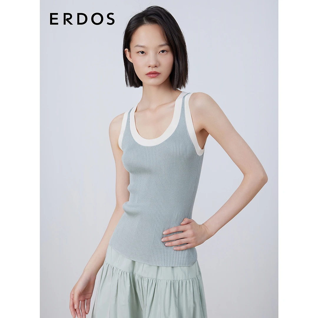 【真丝】ERDOS圆领修身显瘦抽条修身针织背心女桑蚕丝打底内搭绿