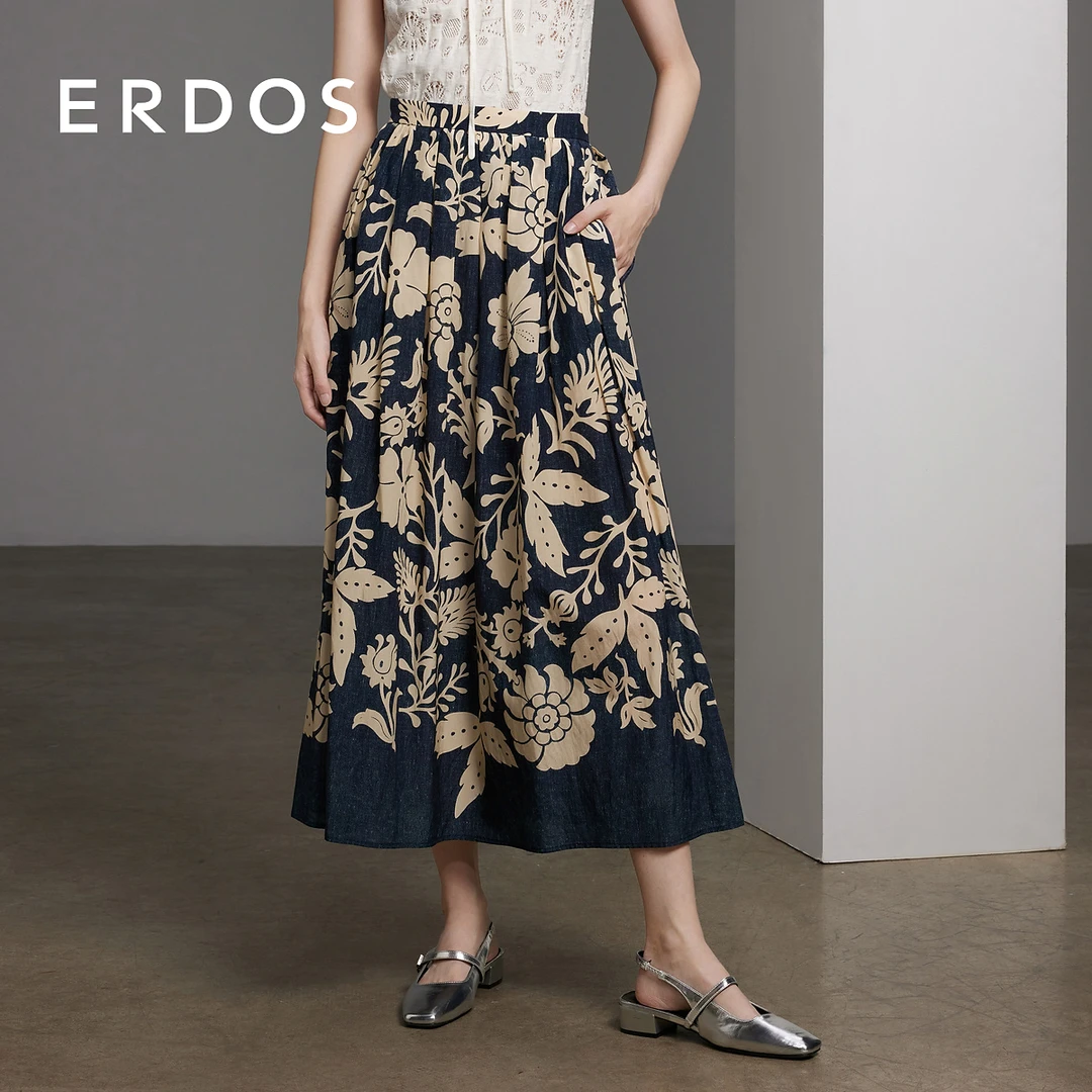ERDOS 复古花影印花半身裙度假风收腰中长款优雅A字裙