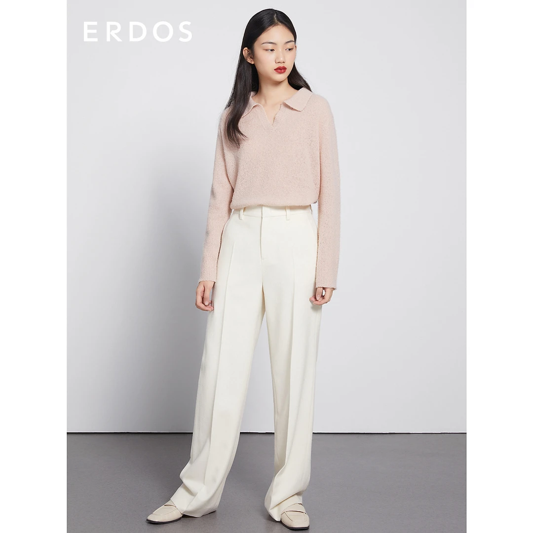 ERDOS POLO领简约通勤针织衫女秋冬复古纯色绵羊毛羊绒宽松上衣
