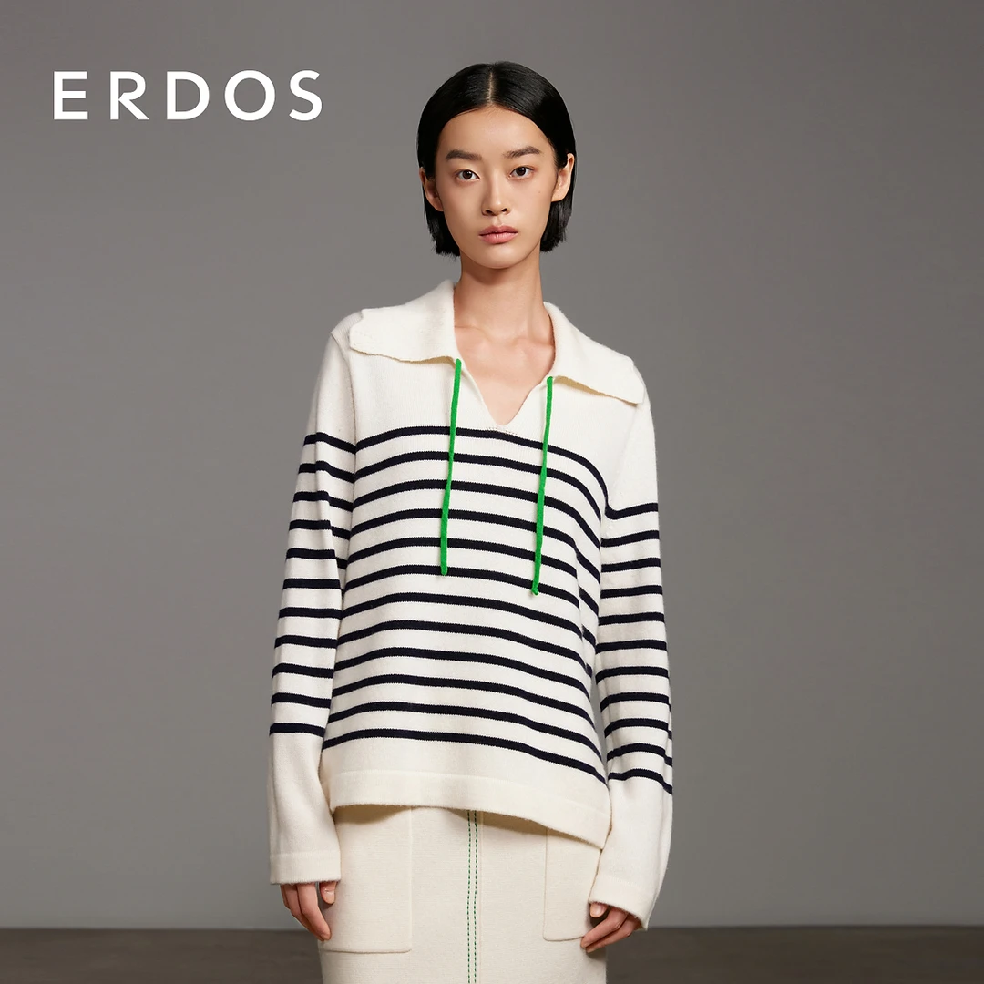 ERDOS 翻领条纹针织衫落肩袖通勤宽松慵懒毛衣