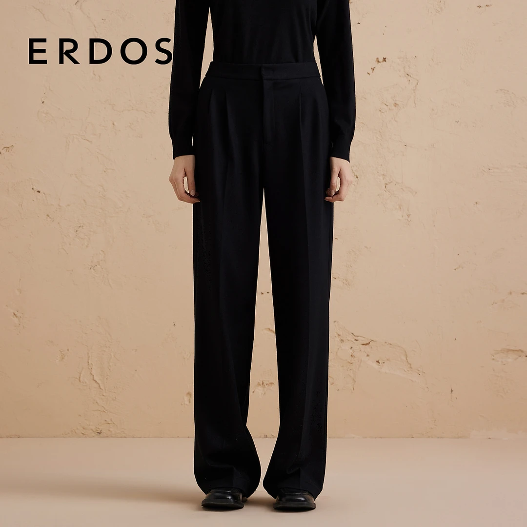 【绵羊毛圆机】ERDOS 黑色宽松直筒裤女秋款冬新品休闲百搭长裤